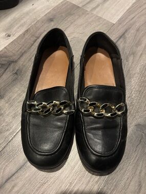Call It Spring Black Loafers with Gold Chain Accent